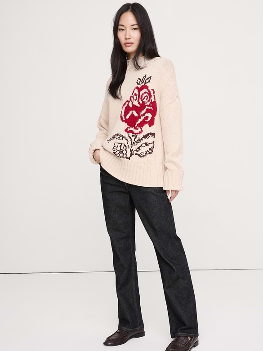 Banana Republic Chunky Cotton Heavy Knit Tunic Mock Neck Sweater Medium Beige